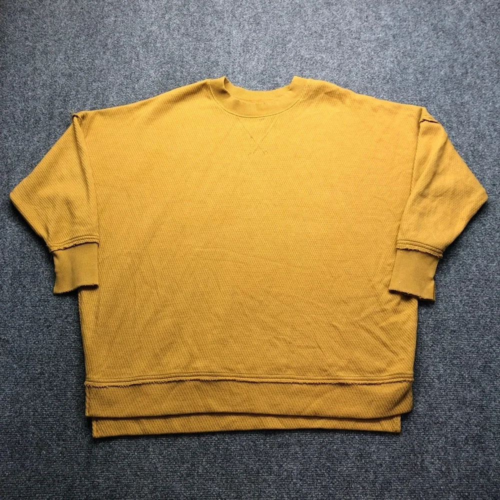 Aerie Womens Mustard Yellow Waffle Knit Oversized Sweatshirt Raw Edge Medium